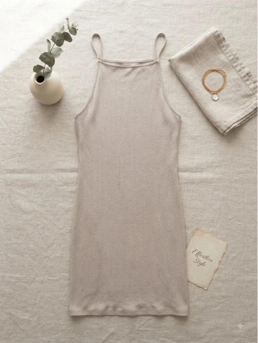 Chic, minimalist beige/taupe ribbed mini dress from H&M